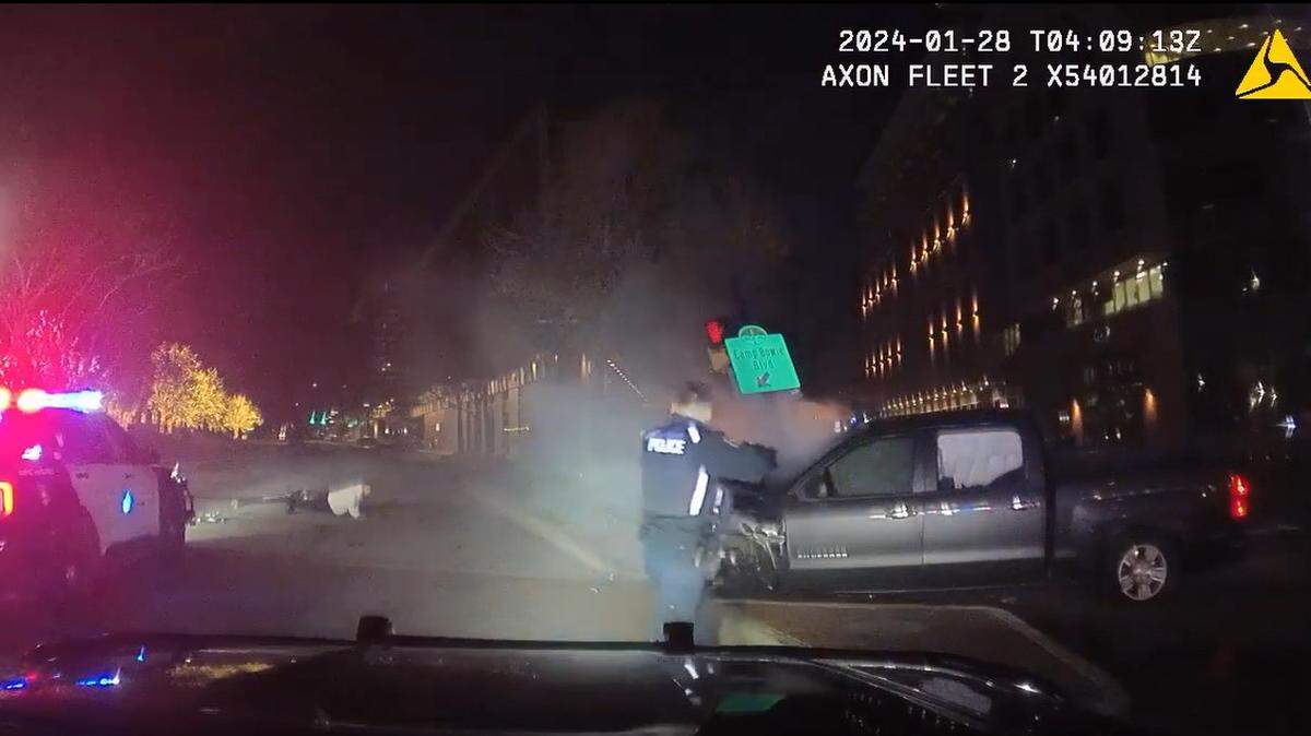 Fort Worth police released video that shows a suspected drunk driver flee from officers in a chase in the West 7th entertainment district on Saturday, Jan. 27, 2024. The driver hit and injured two pedestrians and struck another vehicle, police say.