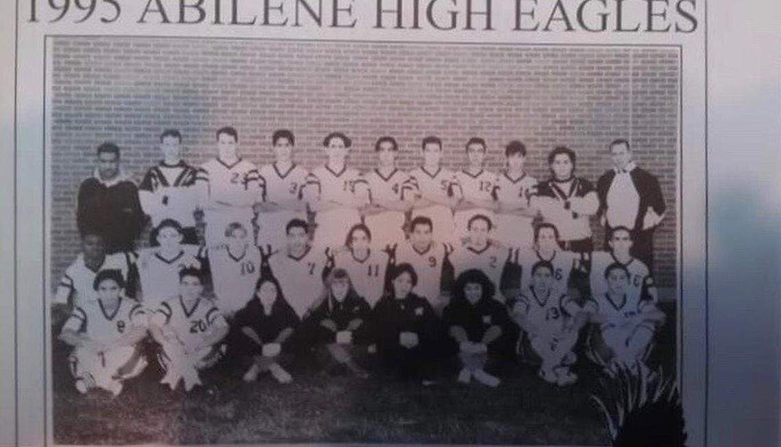 Arlington Lamar boys soccer coach Sunny Soeun (8, bottom left) during his playing days at Abilene High in 1995. Arlington Sam Houston coach Joey Rodriguez was on the same team (9).