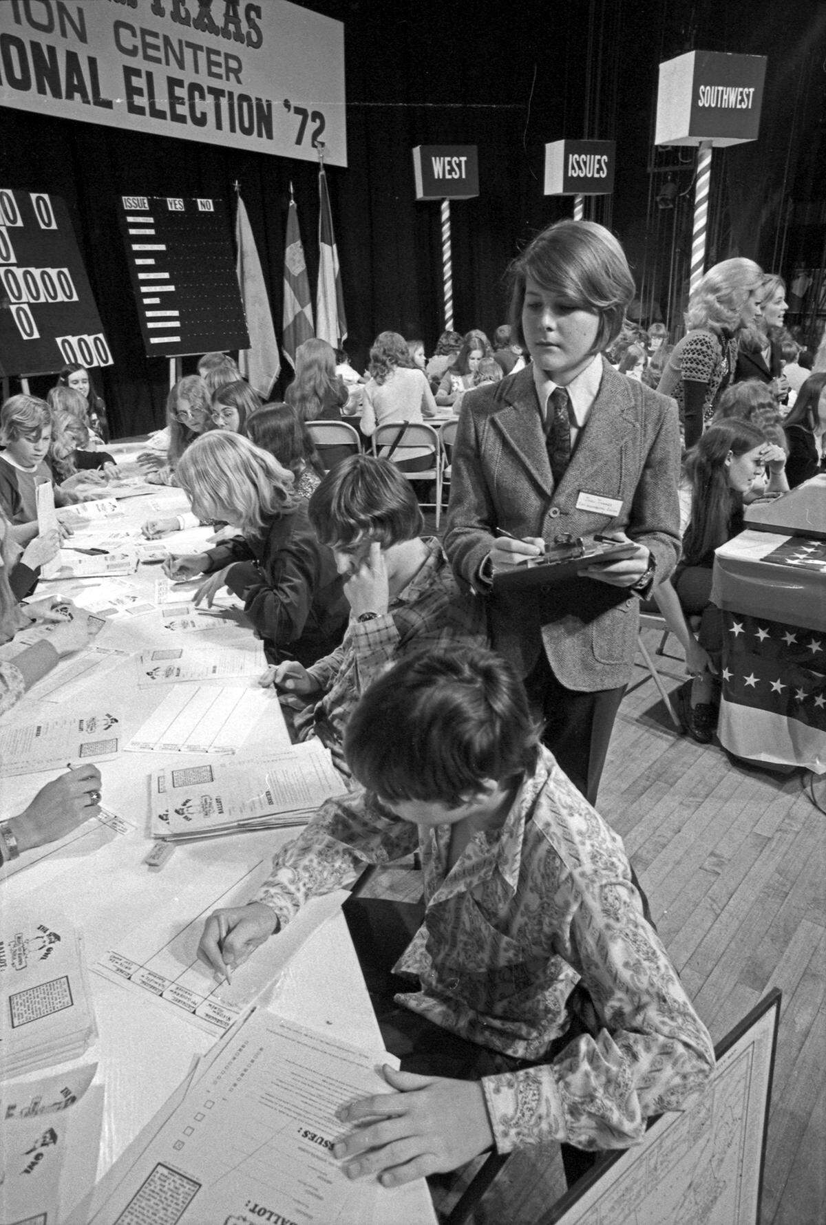 Nov. 8, 1972: Joel Turner, 13, political analyst for the “Hoot Owl” children’s newspaper in Arlington, helps check results of a national children’s poll tabulated at Six Flags Over Texas.