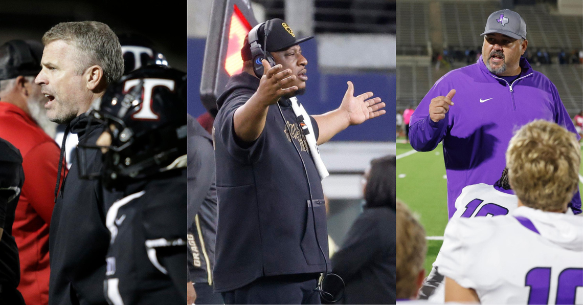 Most DFW head coaches have an annual salary above $120,000, including Euless Trinity’s Aaron Lineweaver (left), South Oak Cliff’s Jason Todd (middle) and Paschal’s John Killough. 