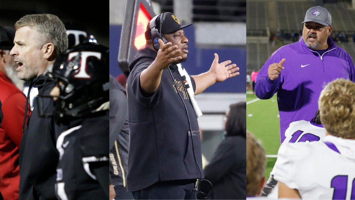 Head coaches are trusted with the development of athletes both on and off the field. Euless Trinity coach Aaron Lineweaver (left), South Oak Cliff coach Jason Todd (middle) and Paschal coach John Killough (right). 