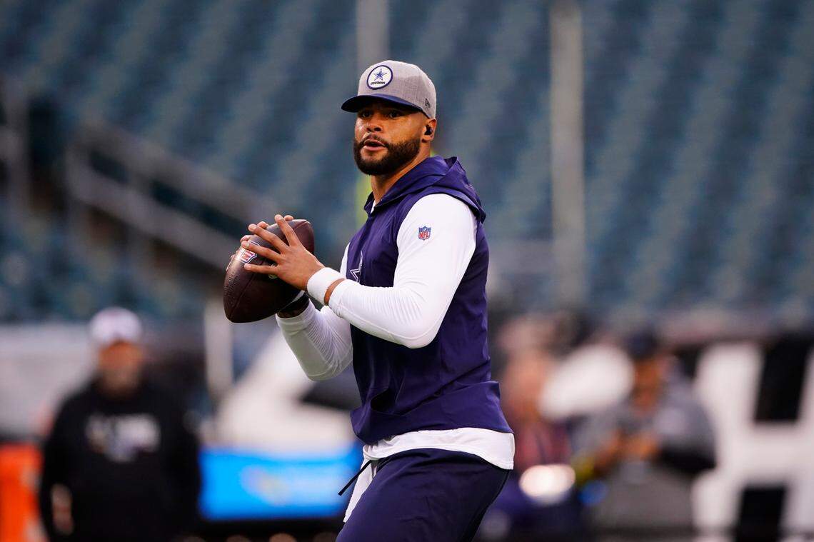 Dallas Cowboys’ Dak Prescott warms up before an NFL football game against the Philadelphia Eagles on Sunday, Oct. 16, 2022, in Philadelphia. (AP Photo/Matt Slocum)