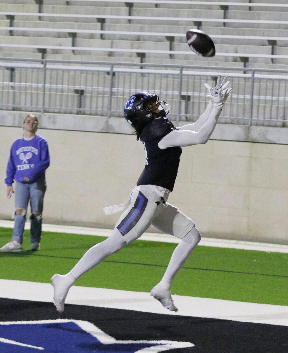 North Crowley’s Kevin Moore catches a touchdown pass during a UIL football game at Crowley ISD Multi Purpose Stadium on Friday, October 18, 2024.