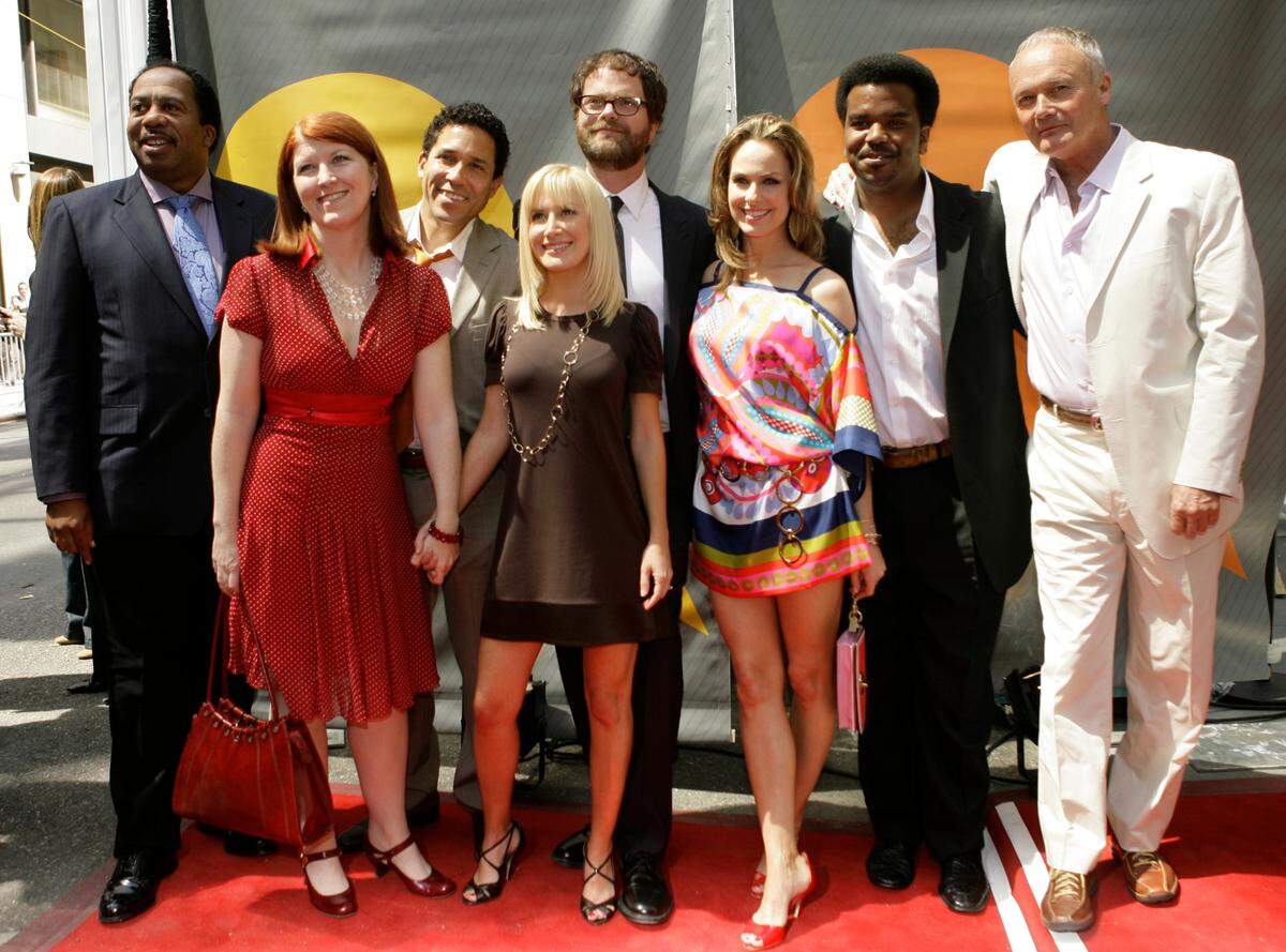 FILE - In this May 14, 2007, file photo, the cast of “The Office” poses for photographers on the red carpet during the arrivals for NBC’s 2007-2008 preview in New York. (AP Photo/Mary Altaffer, File)