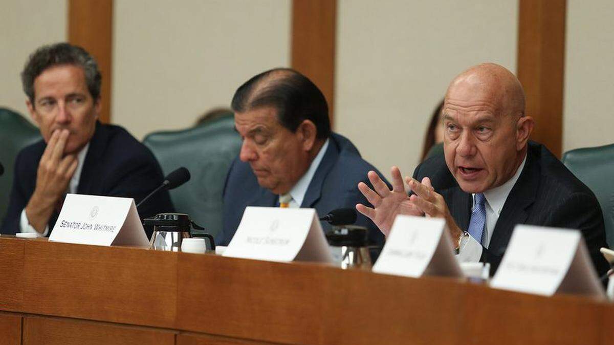 Left to right: State Sens. Kelly Hancock, R-North Richland Hills, Eddie Lucio Jr., D-Brownville, and John Whitmire, D-Houston, at the second day of hearings by the Senate Select Committee on Violence in Schools and School Security on June 12, 2018.