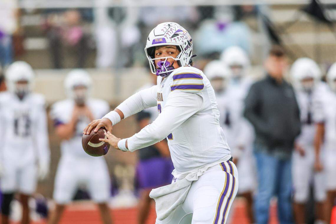 Alvarado quarterback KJ Jenkins throws a pass against Springtown during a Class 4A Division I regional semifinal Friday, Nov. 28, 2025, at Knight Stadium at Eagle Mountain High School in Fort Worth.
