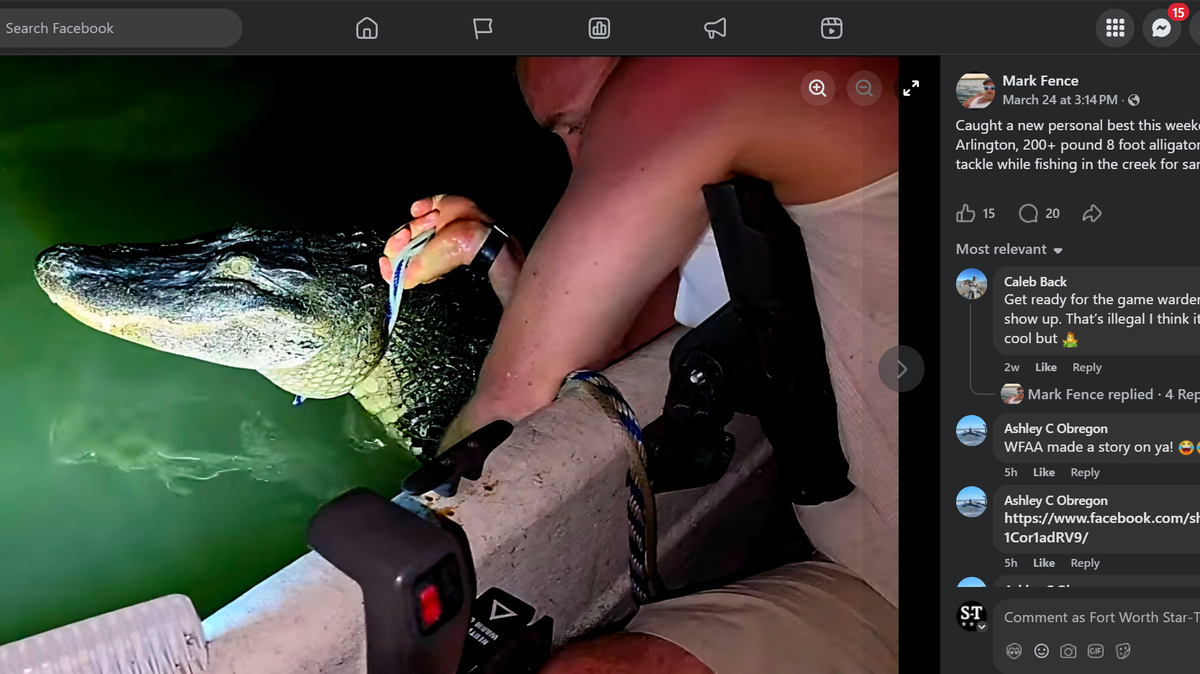 A screenshot of a Facebook post from Mark Everett, showing him catching an alligator in Lake Arlington.