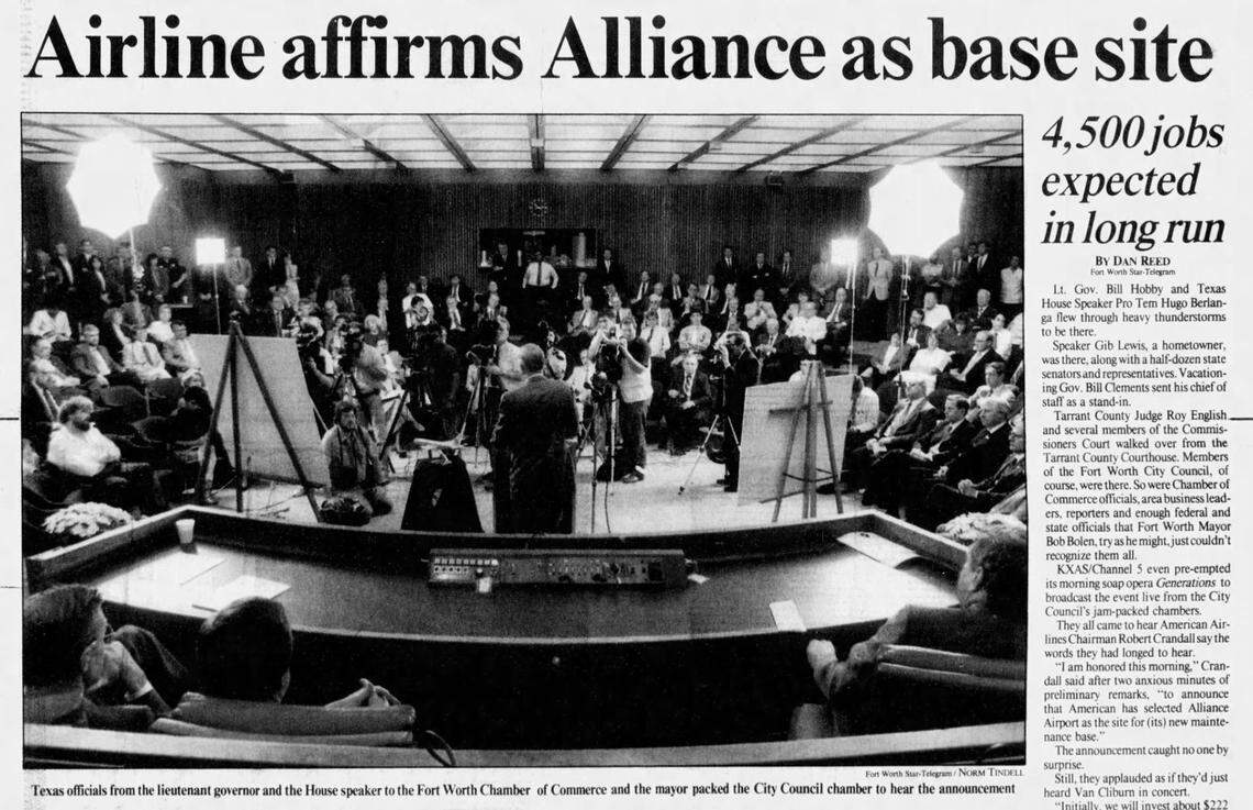 The front page of the Star-Telegram on June 8, 1989, with coverage of American Airlines’ announcement it would invest more than $400 million in a maintenance facility at Fort Worth’s Alliance airport.