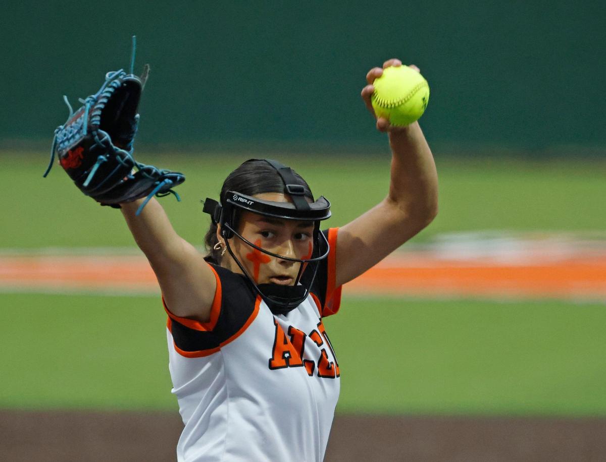 Aledo pitcher Brenlee Gonzales throws in the first inning during the UIL Conference 5A Region 1 final softball game at Aledo, Texas, Wednesday, May 22, 2024.