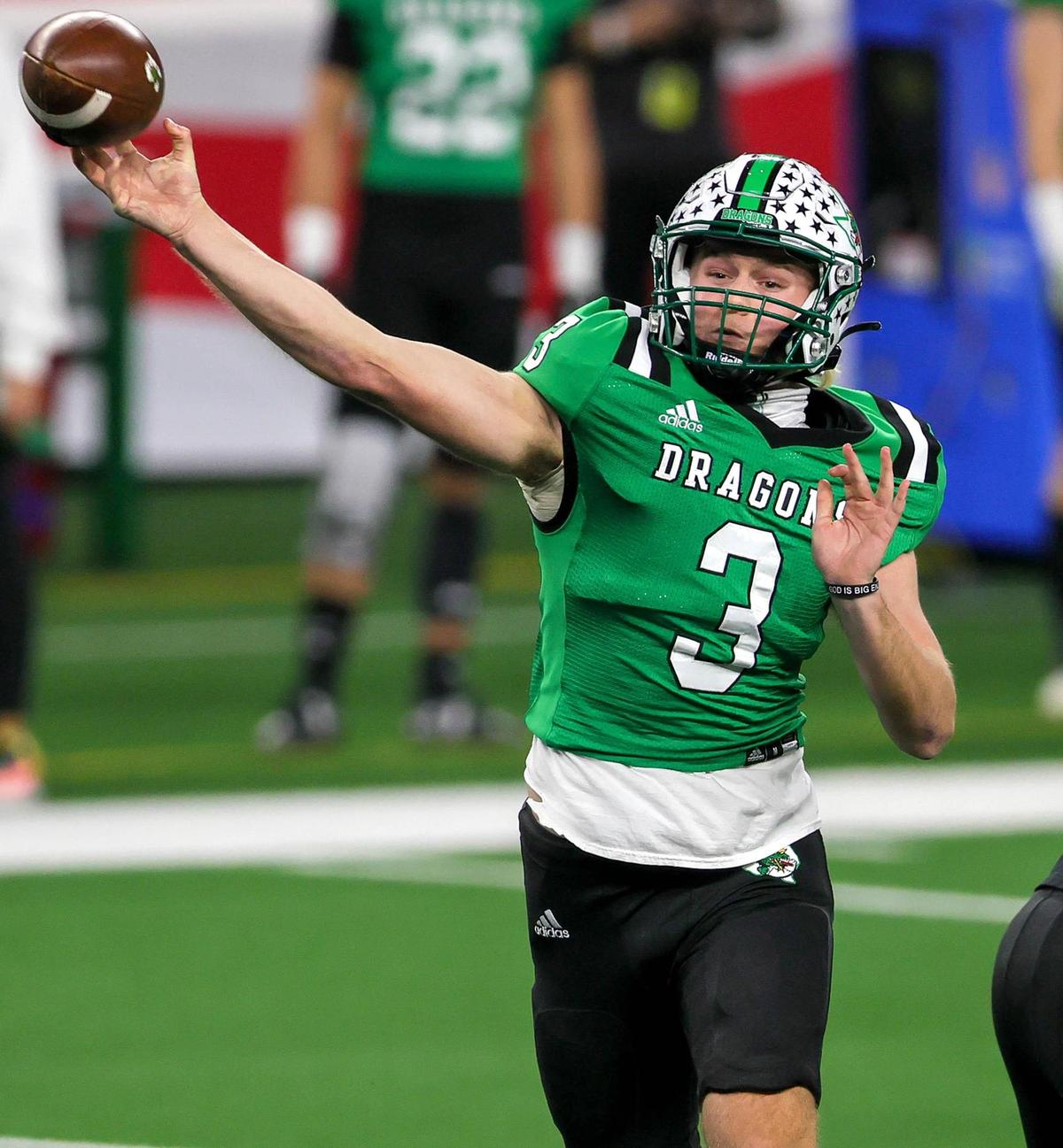 Southlake Carroll’s Quinn Ewers (3) is one of top high school quarterbacks in the nation. He has committed to attend Ohio State after his senior season. With the Supreme Court ruling in favor of NCAA student athletes to be both paid and to make money from their name, image and likeness (NIL), Ewers could make considerable money once he is done with high school.