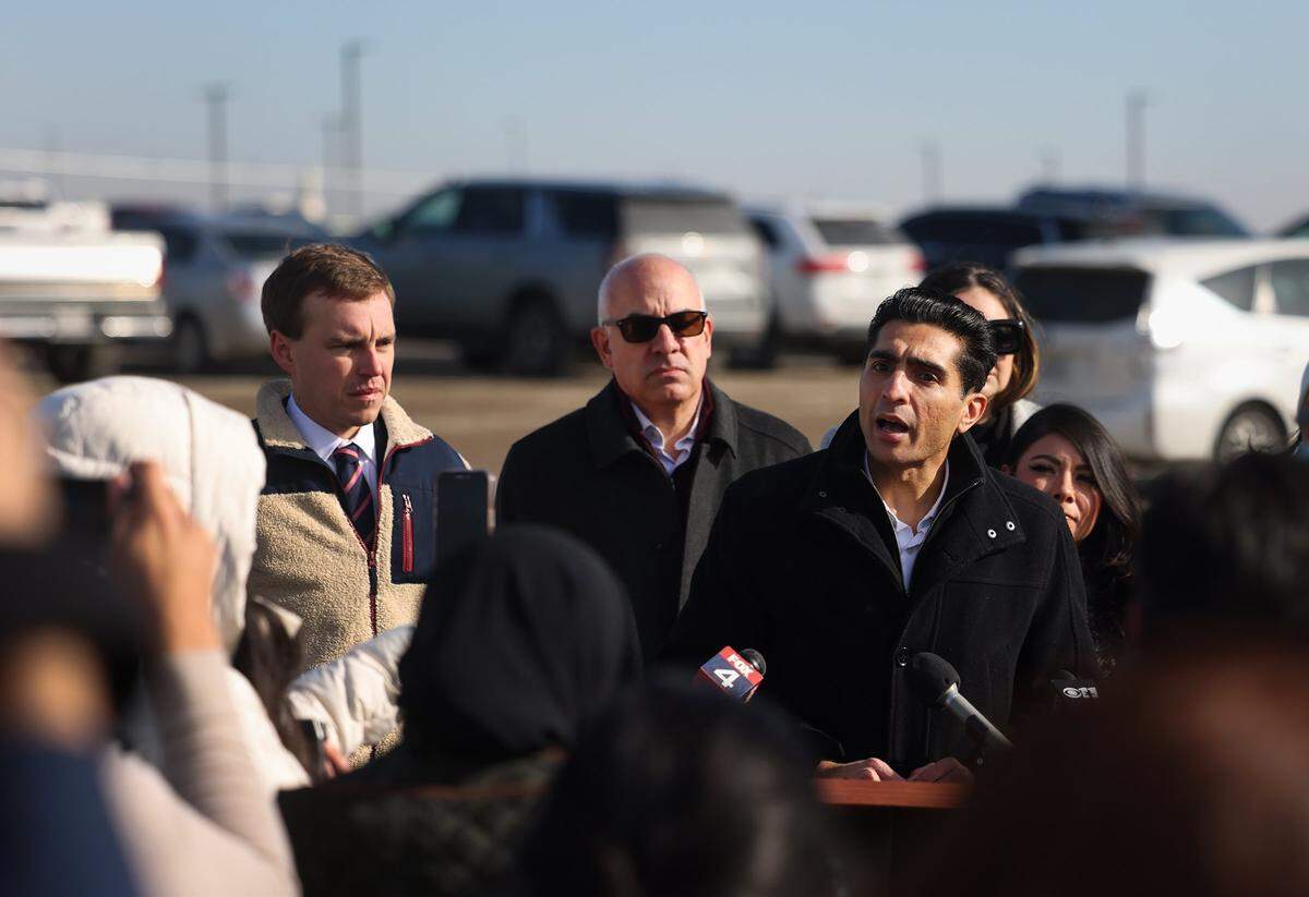 State Rep. Salman Bhojani speaks during press conference held to demand the release of Leqaa Kordia from the Prairieland Detention Facility in Alvarado on Friday, Jan. 30, 2026. Kordia, a Palestinian woman who has lived in the United States since 2016, has been detained over 300 days.