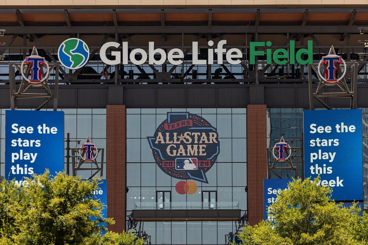 2024 MLB All Star game banners and signage has been put up around Globe Life Field in Arlington on Wednesday, July 3, 2024.