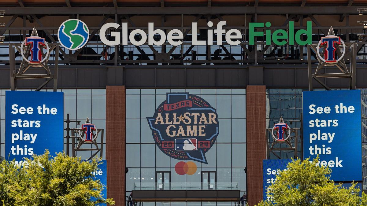2024 MLB All Star game banners and signage has been put up around Globe Life Field in Arlington on Wednesday, July 3, 2024.