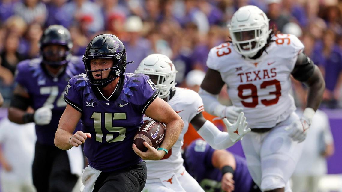 TCU quarterback Max Duggan (15) scrambles during the first half against Texas on Oct. 2. Duggan has not run as often in recent weeks while battling a foot injury.