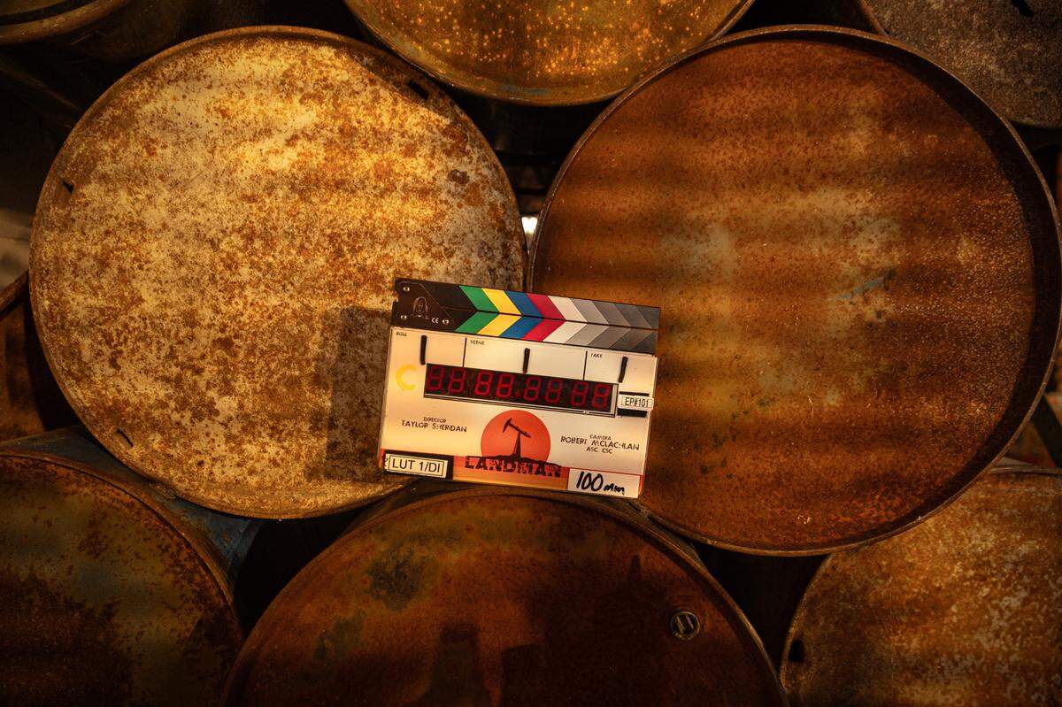 A slate is pictured from the first day of production of “Landman”, streaming on Paramount+, 2024.