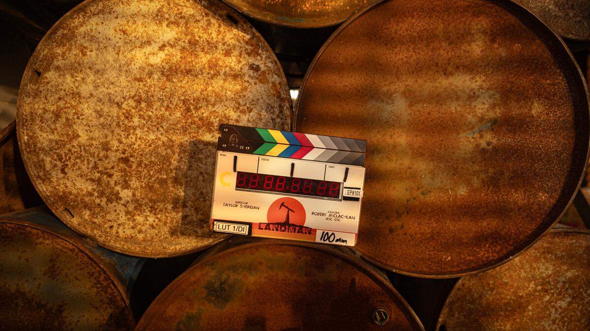 A slate is pictured from the first day of production of “Landman”, streaming on Paramount+, 2024.