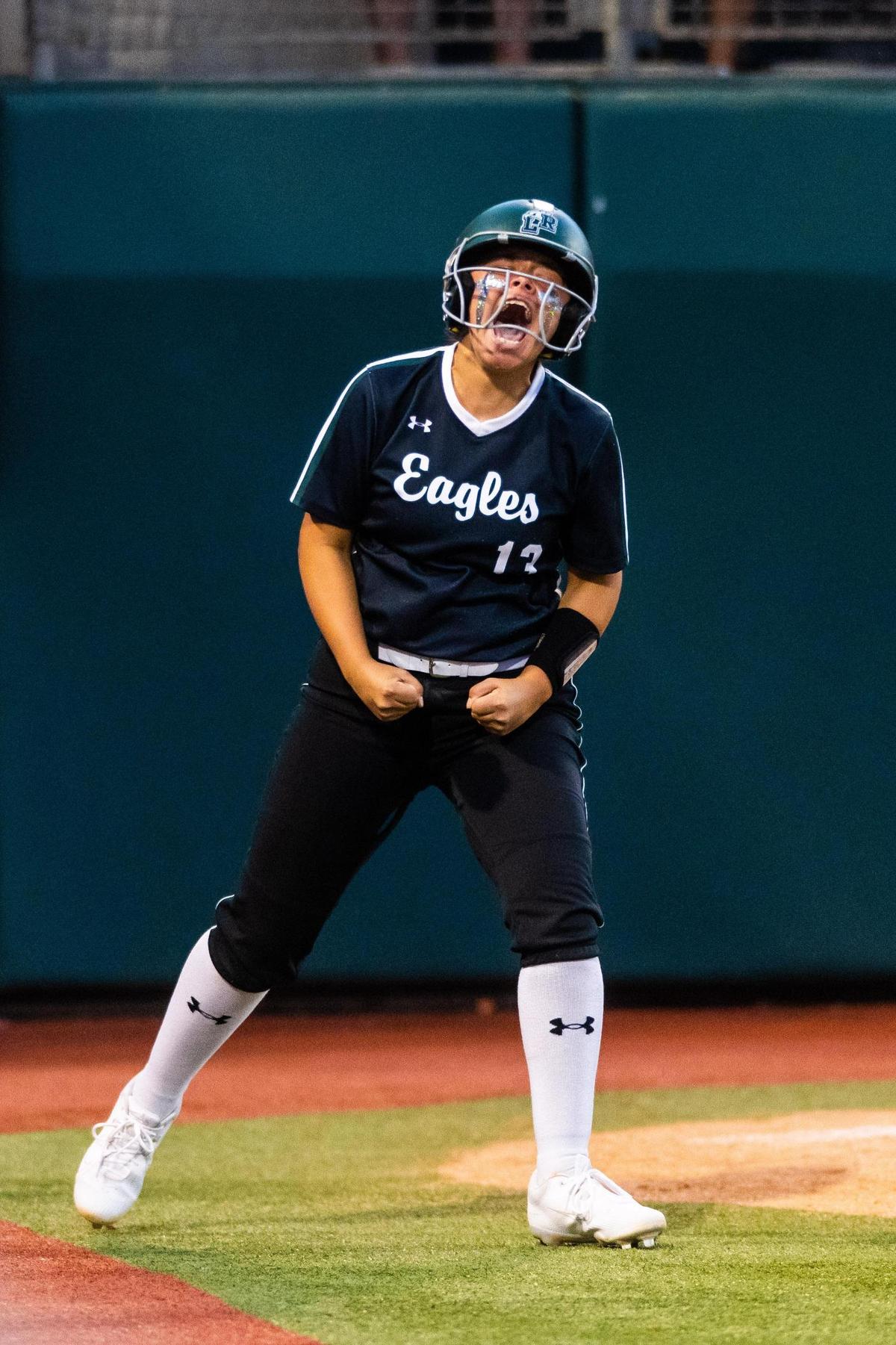 Jordan Householder celebrates making it home during the 6A UIL State Softball semifinal between Lake ridge and Deer Park in Austin Texas, on June 3rd, 2021. J