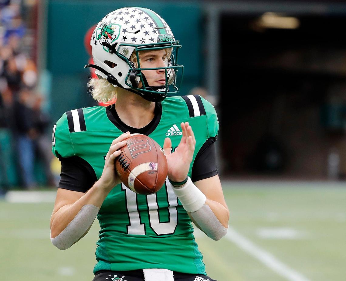 Southlake Carroll quarterback Graham Knowles (10) looks for a receiver down field in the first half of Class 6A D2 regional semi-finals football game at Choctaw Stadium in Arlington, Texas, Friday, Nov. 25, 2022. Carroll tied the game at 7 with 28.6 seconds remaining in the half but McKinney stormed back in 21 seconds and made the game 14-7. (Special to the Star-Telegram Bob Booth)