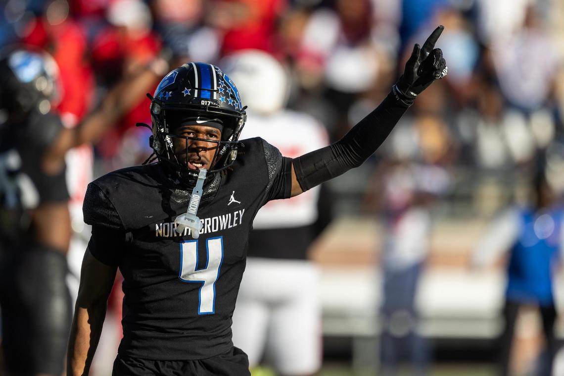 North Crowley defensive back Draden Fullbright (4) celebrates after the defense recovered a fumble in the first half of the Class 6A Division I state semifinal game at Eagle Stadium in Allen on Saturday, Dec. 14, 2024.