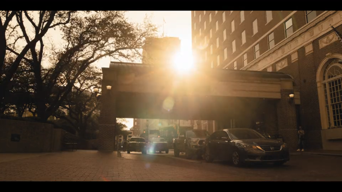 The Midland hotel where Tommy Norris (Billy Bob Thornton) picks up Rebecca Falcone (Kayla Wallace) in “Landman” episode 3.
