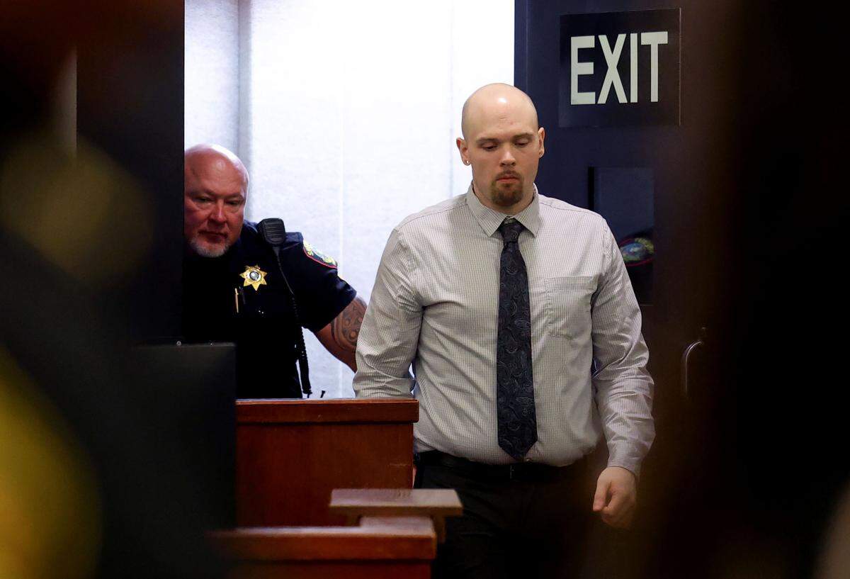 Defendant Tanner Horner enters the courtroom following a break in testimony on Tuesday, April 7, 2026, at the Tim Curry Criminal Justice Center in Fort Worth. Horner pleaded guilty to capital murder in the November 2022 strangulation killing of 7-year-old Athena Strand 