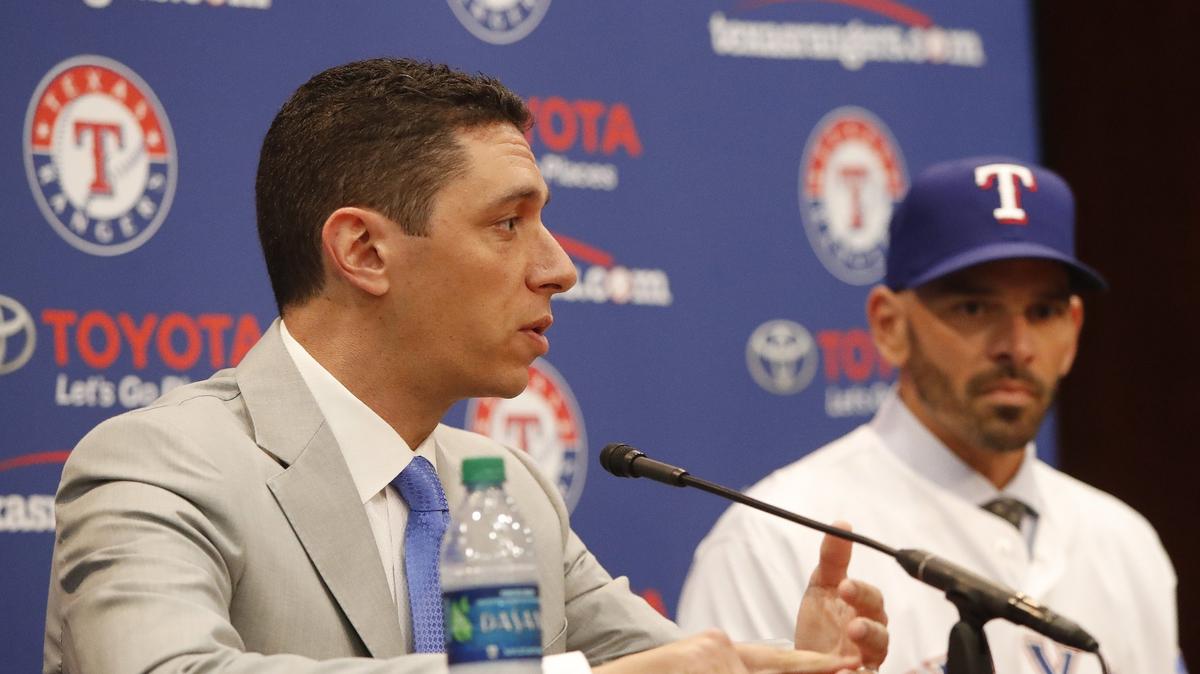 Texas Rangers general manager Jon Daniels talks at a press conference after announcing Chris Woodward as the clubs new manager at Globe Life Park in Arlington, Texas, Monday, Nov. 05, 2018. Woodward has been with the Los Angeles Dodgers for the last three seasons as the third base and infield coach. (Special to the Star-Telegram Bob Booth)

