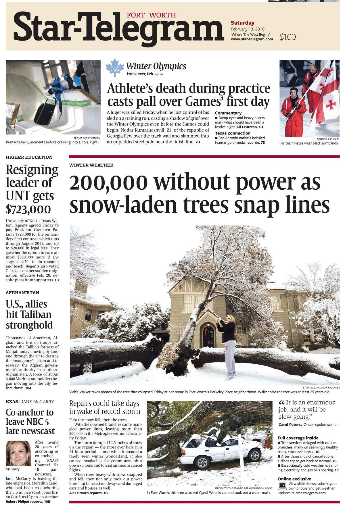 The Star-Telegram’s front page on Feb. 13, 2010