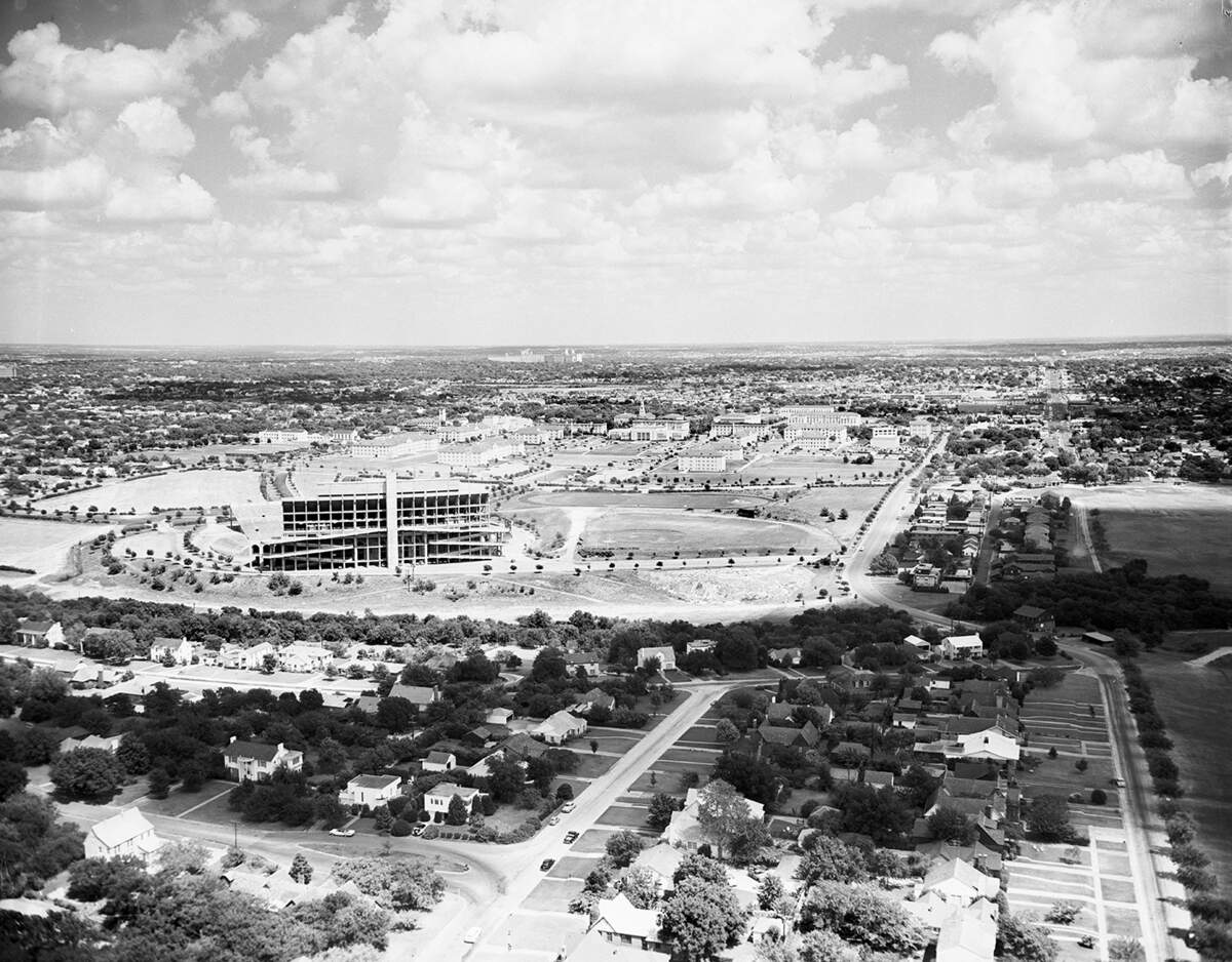 In this 1958 photo looking east toward TCU campus and Amon G. Carter Stadium, Simondale Drive is seen in the bottom left where it meets Westcliff Road North. On the far right in the photo, Bellaire Drive North is seen running along what was the southern edge of campus at the time.