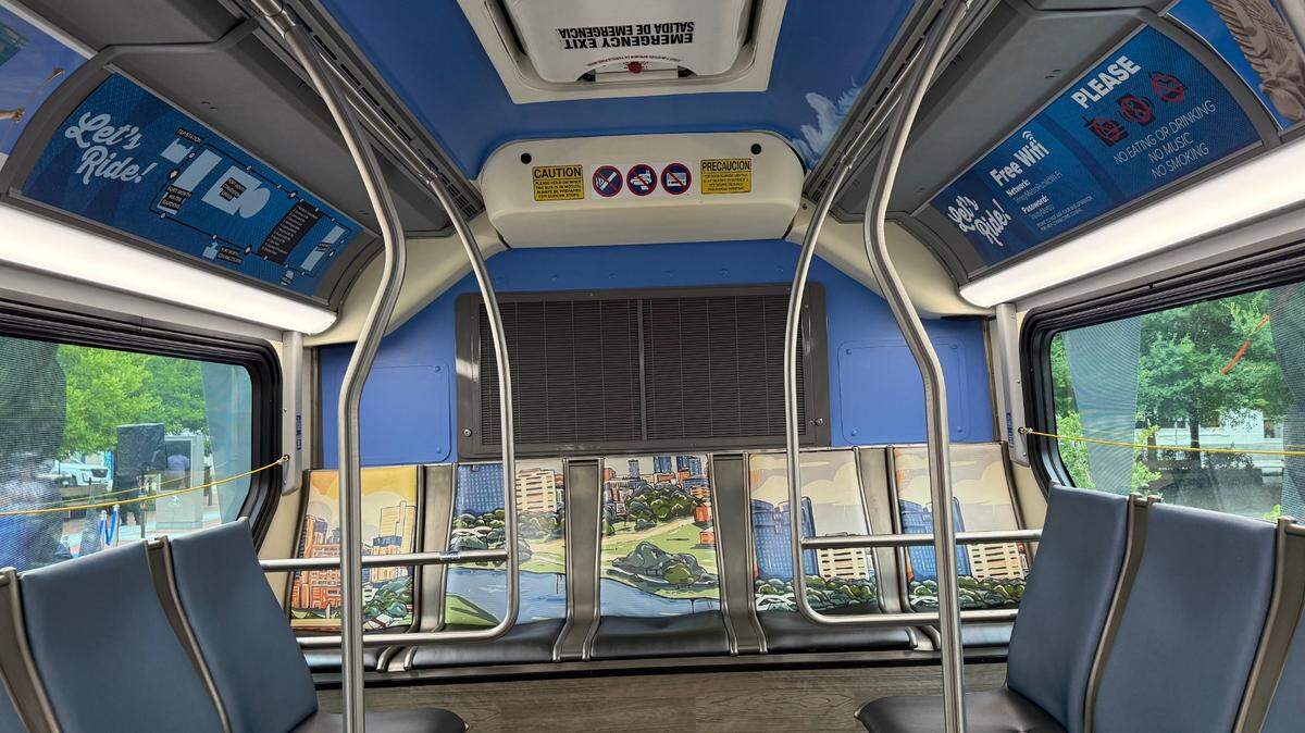 The artwork on the outside and inside of the buses features work from local artists.