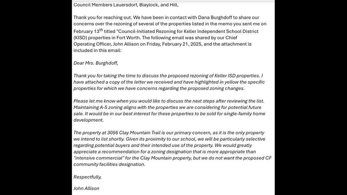Screenshot of an email to Fort Worth city council members Charlie Lauersdorf, Alan Blaylock and Macy Hill about KISD wanting to sell property in Fort Worth.