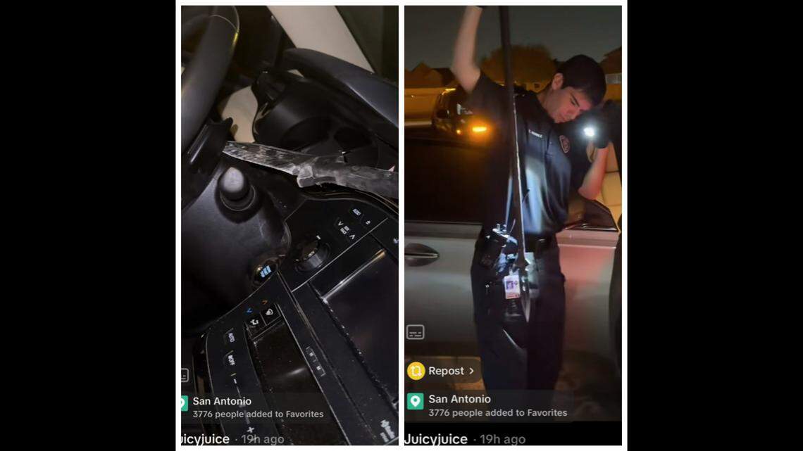 A woman was nearly hit by a spear after someone threw the weapon at her car from the side of the road in San Antonio, Texas, she says.