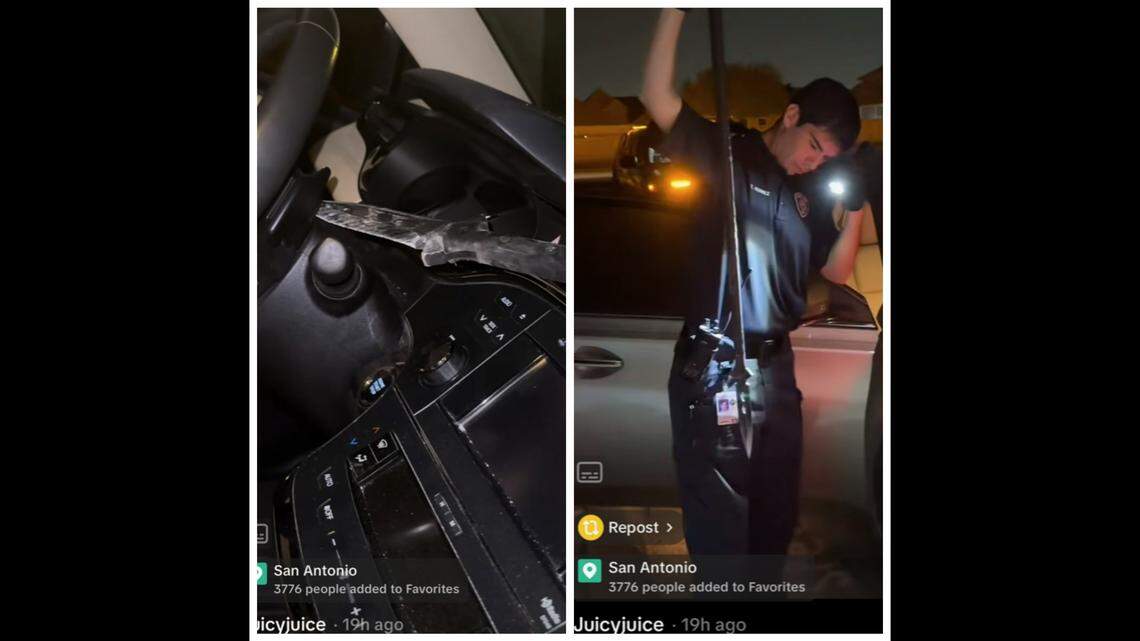 A woman was nearly hit by a spear after someone threw the weapon at her car from the side of the road in San Antonio, Texas, she says.