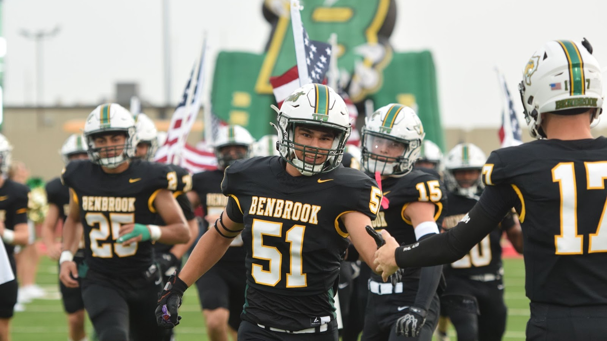 Benbrook runs onto the field during a high school football game against River Oaks Castleberry at Clark Stadium in Fort Worth, Texas, Friday, August 29, 2025. Benbrook won 47-45.