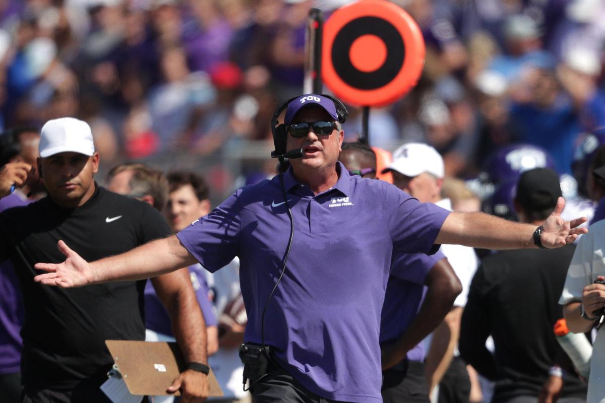 TCU head coach Sonny Dykes reacts to a referee call during their game against SMU on Saturday, Sept. 24, 2022, at the Gerald Ford Stadium in the Southern Methodist University in Dallas, Texas.