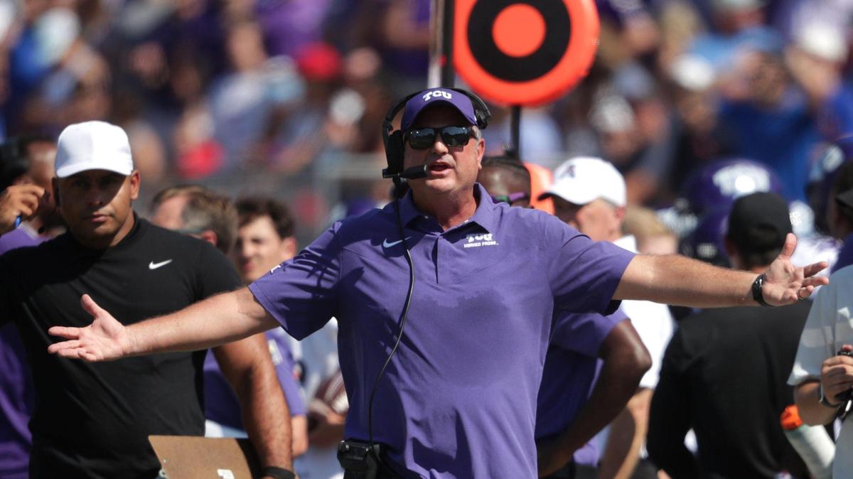 TCU head coach Sonny Dykes reacts to a referee call during their game against SMU on Saturday, \ at the Gerald Ford Stadium at Southern Methodist University in Dallas, Texas.