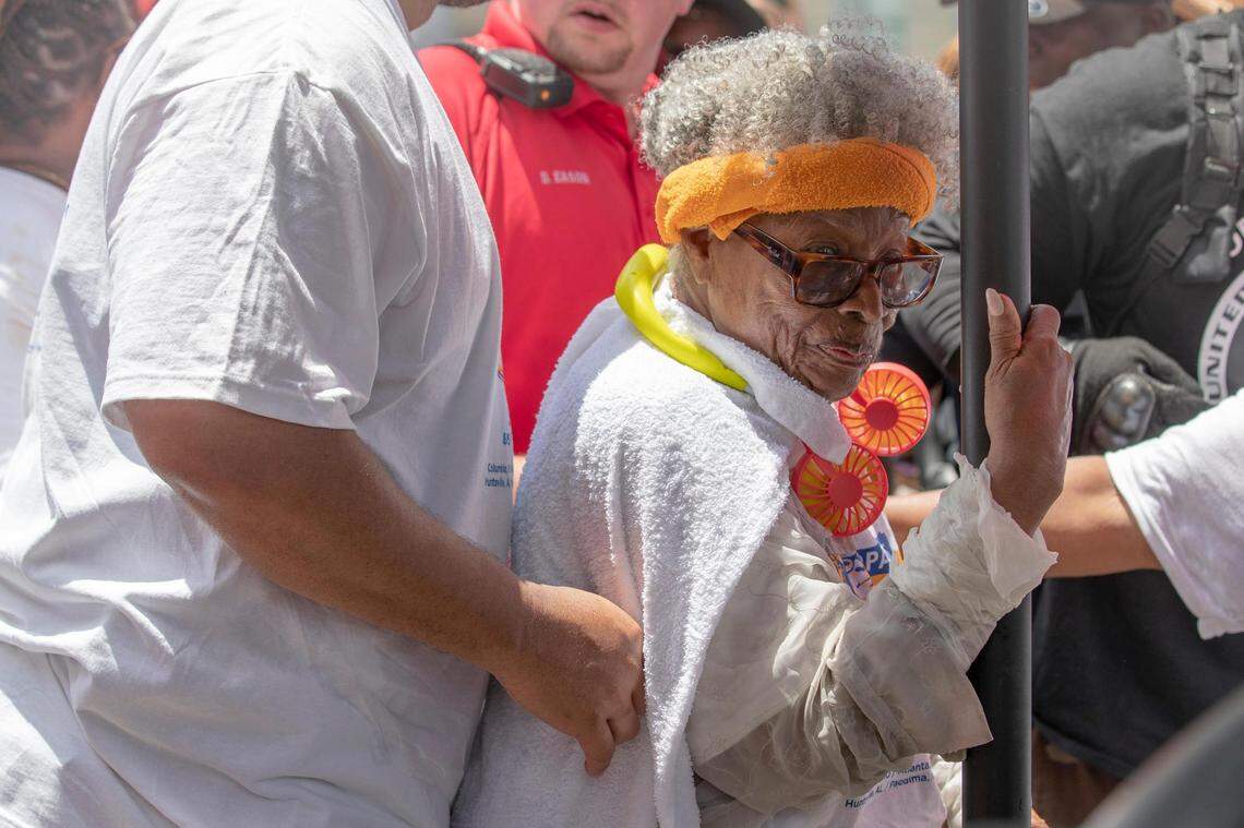 Opal Lee arrives to City Hall after walking 2.5 miles across Fort Worth to recognize Juneteenth on Saturday, June 18, 2022. With hundreds of supporters, Lee walked the 2.5 miles symbolizing the 2.5 years it took for enslaved African-Americans to be freed after the Emancipation Proclamation.