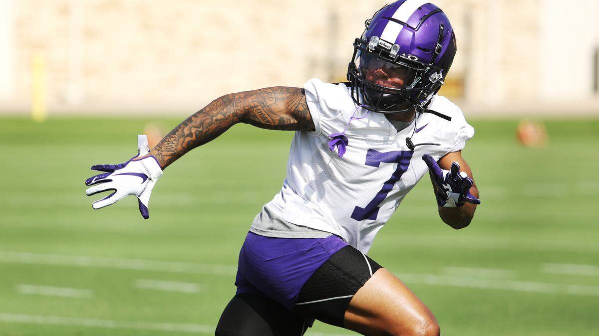 Safety T.J. Carter runs a drill during TCUÕs preseason football camp on Saturday, August 7 2021, in Fort Worth.