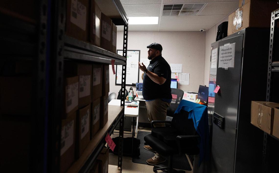 Distribution manager Alex Alvarado explains the process of delivering cannabis products to exas Compassionate Use Program patients that fill their prescription at Goodblend during a tour on Thursday, May 1, 2025.