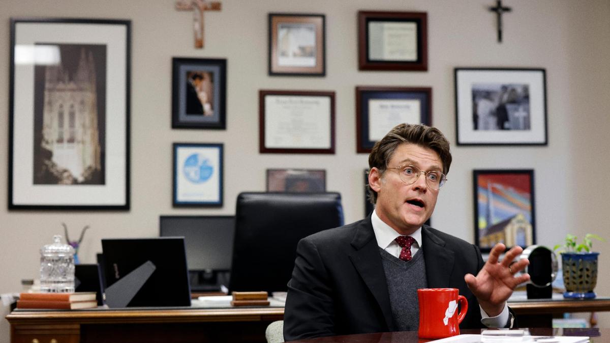 Senior pastor Ryon Price talks during an interview in his office after morning services at Broadway Baptist Church in Fort Worth.