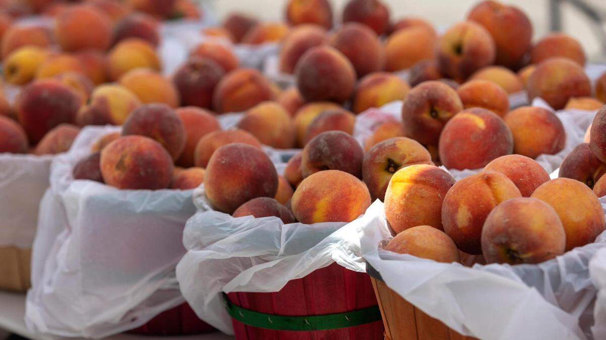 Peaches sold for $25 a basket during the 37th Annual Parker County Peach Fesitval in downtown Weatherford, Texas, on Saturday, July 9, 2022. The event featured dozens of food vendors, arts and craft booths, activities for kids and live music.