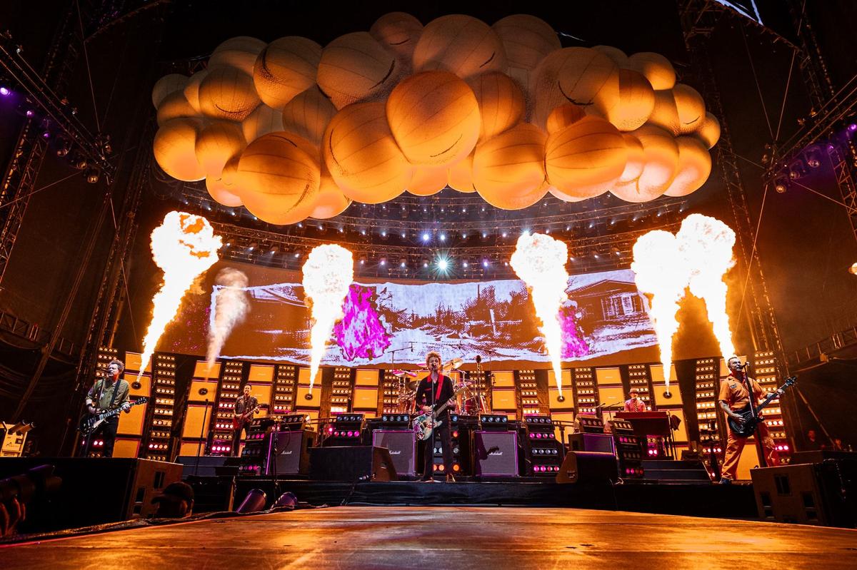 The members of Green Day perform on stage during “The Saviors Tour” at Globe Life Field in Arlington on Wednesday, Sept. 11, 2024.