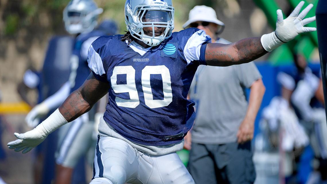 Dallas Cowboys defensive end DeMarcus Lawrence (90) has shown in practice why he can be trusted to build on last season’s breakout campaign with 14.5 sacks.