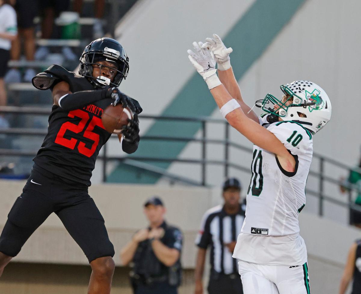 Trinity defensive back Caleb Adom (25) intercepts a touchdown pass intended for Southlake wide receiver Brody Knowles (10) but it was called back due to a penalty during a UIL 6A Conference football game at Pennington Field in Bedford Texas, Friday, Sept. 20, 2024.