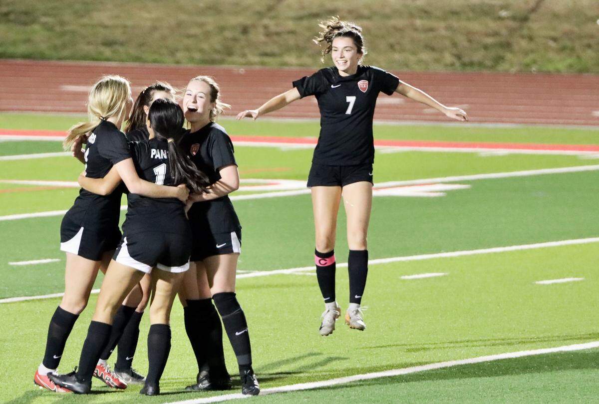 Sophomore midfielder Brielle McDaniel leaps in celebration following a goal against Birdville at Colleyville Heritage High School in Colleyville, Texas, on Monday, March 10, 2025.