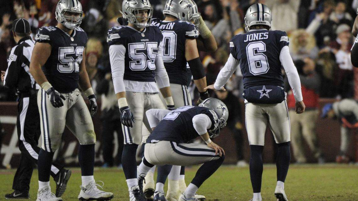 Dallas Cowboys kicker Brett Maher (2) reacts after missing a field goal in the closing seconds of an NFL football game against the Washington Redskins, Sunday, Oct. 21, 2018 in Landover, Md. (AP Photo/Mark Tenally)
