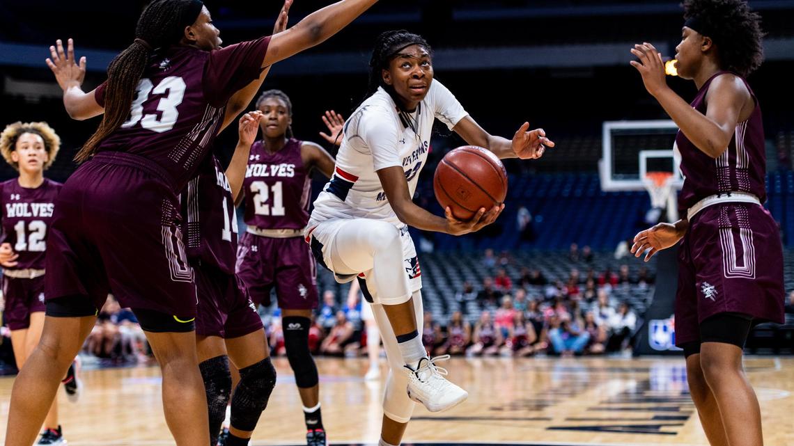 Mansfield Timberview’s Sahara Jones drives the lane during Thursday’s 5A state semifinal against San Antonio Veterans Memorial at the Alamodome.. (Matt Smith-Special to the Star-Telegram).
