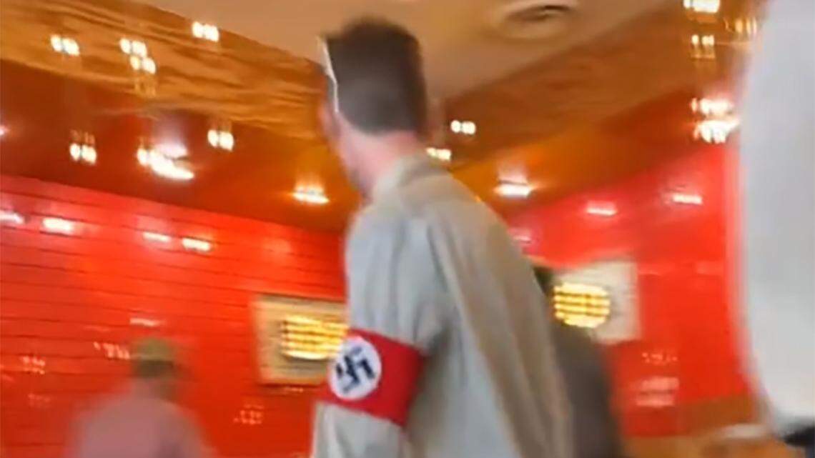 TikTok user @dropdeadgorjessx uploaded this video of a man wearing a Nazi swastika in a Fort Worth Torchy's Tacos.