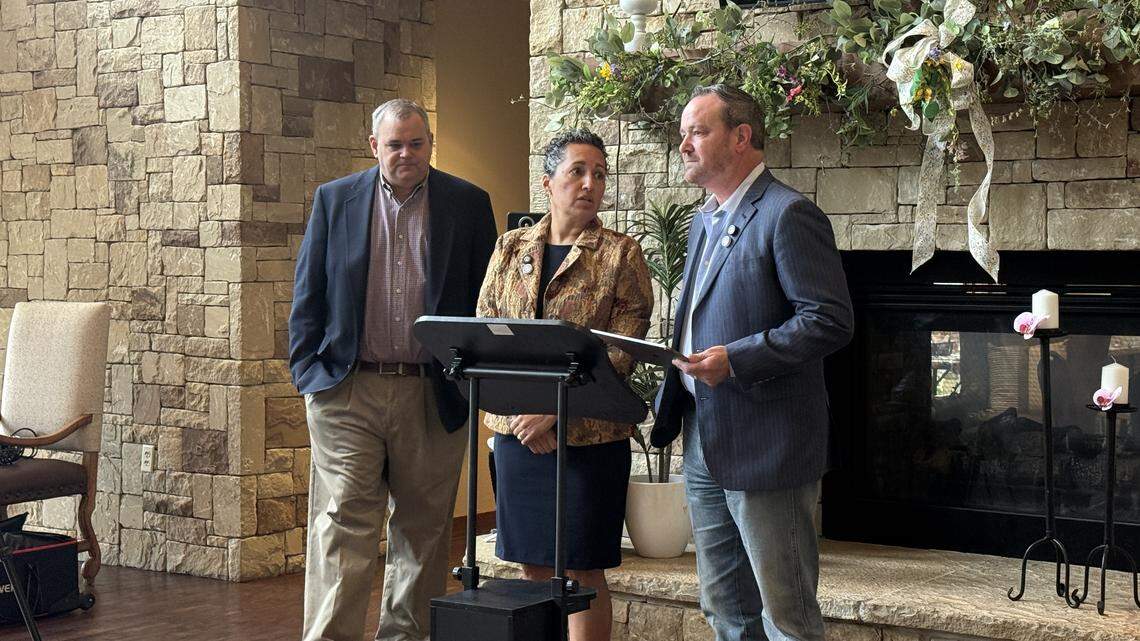 Brian Black, HOA president, Alicia Ortiz and Cary Moon, chairman of the Heritage Legal Task force at a press conference in the heritage community clubhouse to update the community on its lawsuit against Keller ISD and board members.
