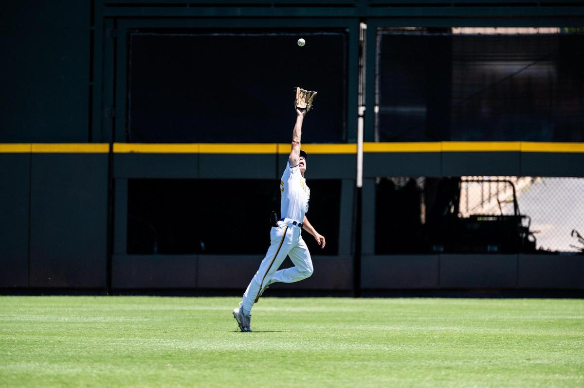 Sawyer Strosnider chases after a fly ball in centerfield during the 3A UIL state semifinal between Brock and Diboll at Dell Diamond in Round Rock on June 10, 2022.