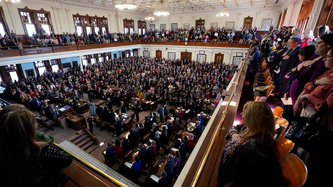 Texas House members with family and guests crowd the House Chamber at the Texas Capitol for the opening of the 88th Texas Legislative Session on Jan. 10.